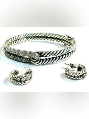 100% Authentic David Yurman Diamonds Sterling Cable Bracelet with Earrings Set!